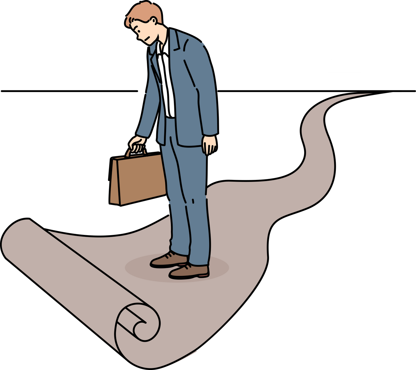 Business man standing at end of path, as metaphor for limitations in career growth and dead end in professional development. Businessman stands confused on ending path and needs career advice